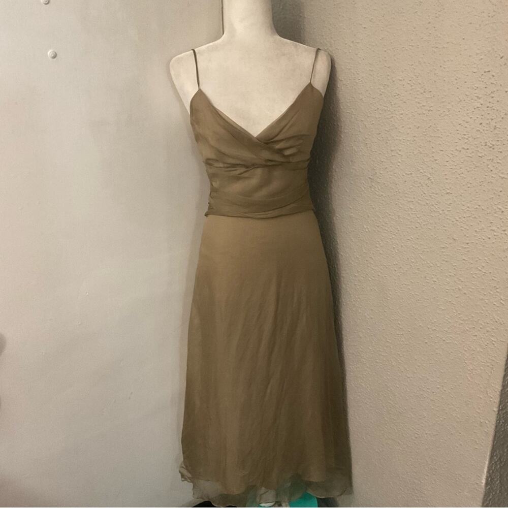 SIRI Shirred V-Neck Sheer Overlay Beige Evening Dress 4 Coquette Girl Fairycore